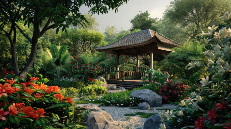 Serene garden oasis with private pavilion amid lush greenery and blooming flowers. Private retreats. AI generated. Serene garden oasis with private pavilion amid lush greenery and blooming flowers. Private retreats. AI generated