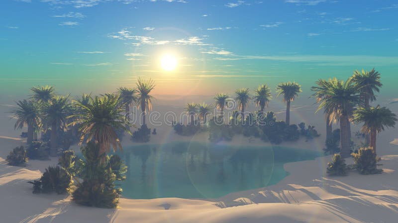 Oasis at sunset in a sandy desert, a panorama of the desert with palm trees