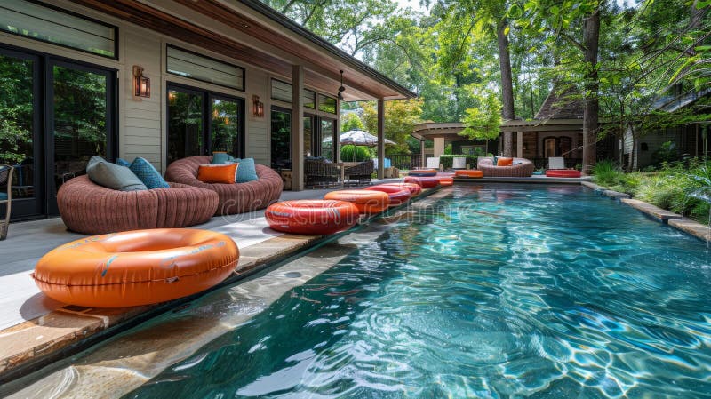 ideal summer chill spot for the family: colorful pool floaties and clean water in the backyard pool ensure a relaxing experience AI generated. ideal summer chill spot for the family: colorful pool floaties and clean water in the backyard pool ensure a relaxing experience AI generated