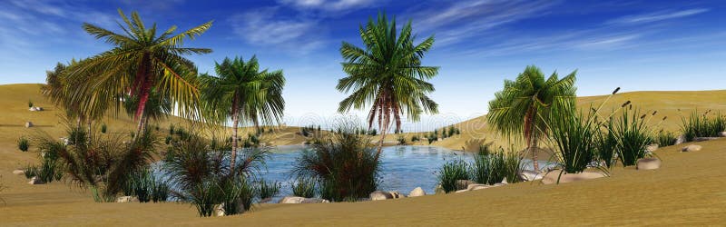 Oasis in the desert, palm trees and lake