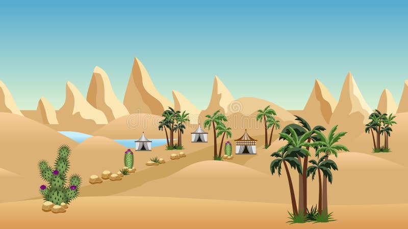 Oasis En El Desierto Con Campo Beduino. Paisaje Para Dibujos Animados O  DiseÃ±os De Fondo De Juegos Ilustración del Vector - Ilustración de  oriente, roca: 159344541
