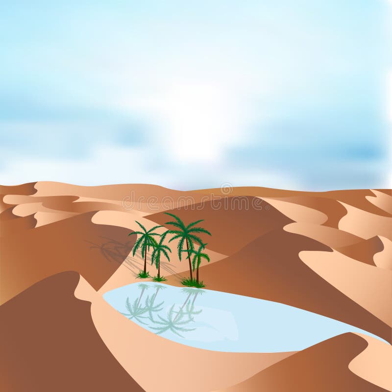 Oasis en el desierto - fondo del paisaje Vector el ejemplo con las dunas de arena, el lago azul y las palmas stock de ilustración Oasis en el desierto - fondo del paisaje Vector el ejemplo con las dunas de arena, el lago azul y las palmas stock de ilustración