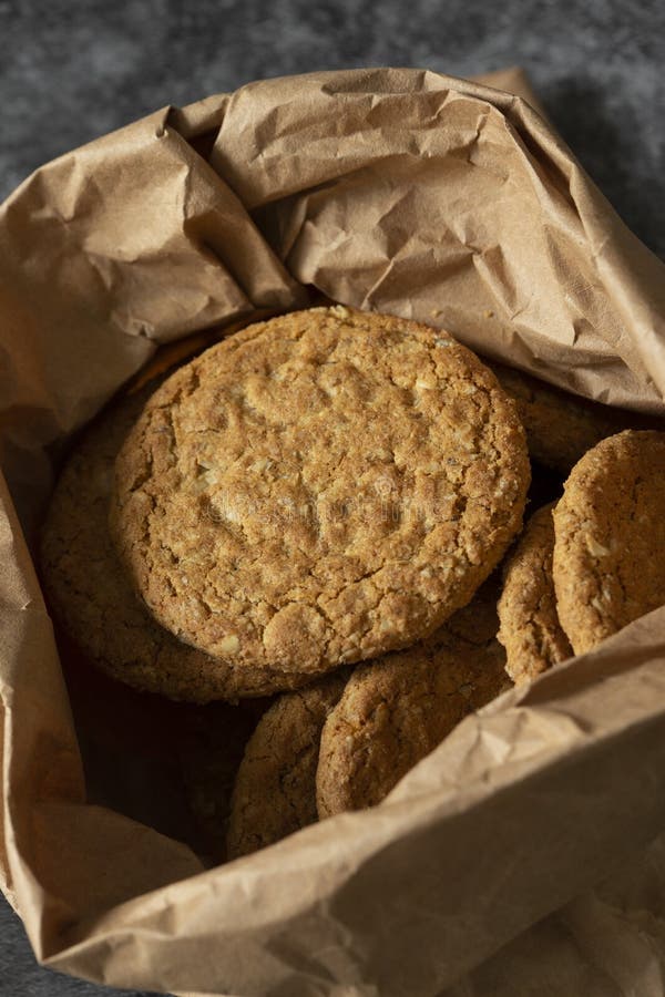 Oat Biscuits Cookies in a Brown Paper Bag. Eco Friendly Packaging Stock