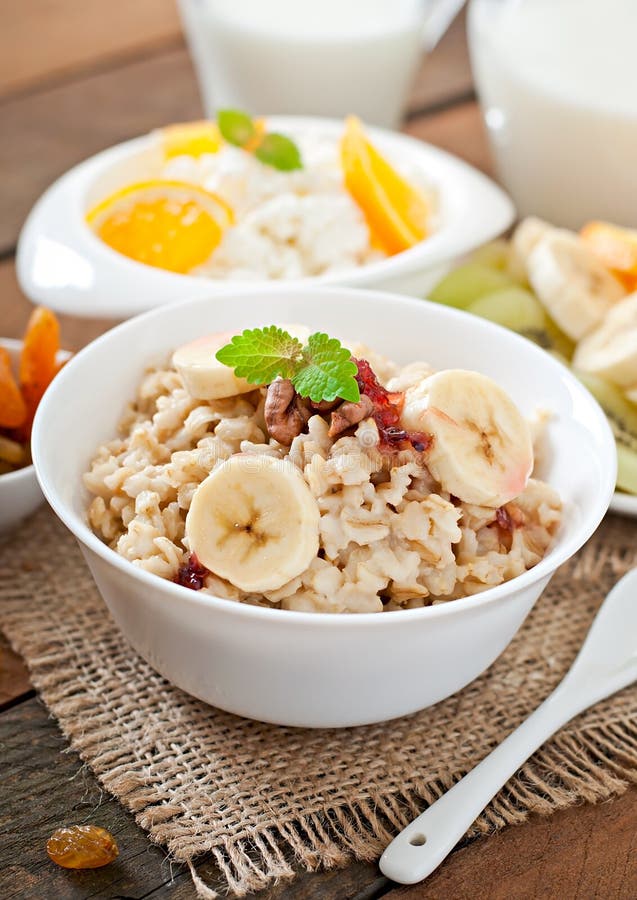 Oatmeal, Cottage Cheese, Milk and Fruit Stock Photo Image of meal