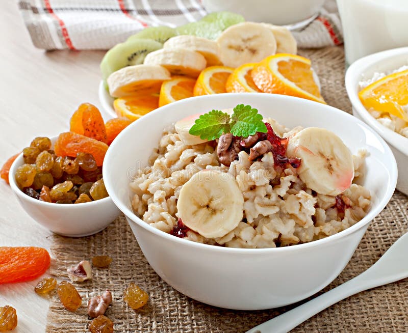 Oatmeal, Cottage Cheese, Milk and Fruit Stock Photo Image of meal