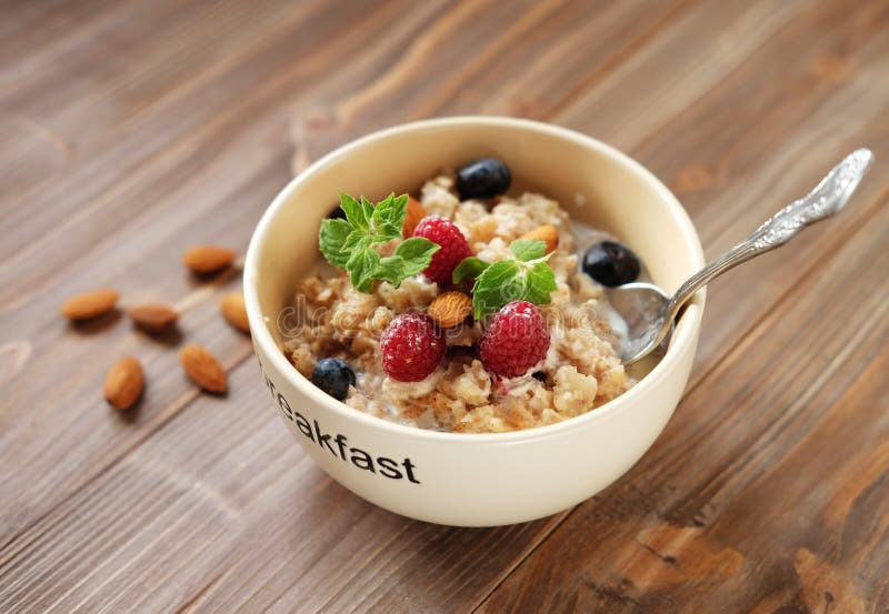 Oatmeal with Fresh Berries and Nuts Close Up Stock Image Image of