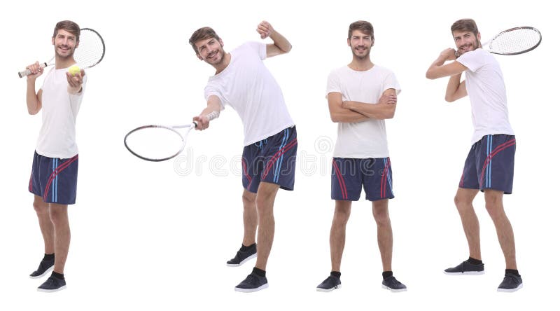 Oavkortad tillväxt stilig manlig tennisspelare som isoleras på vit