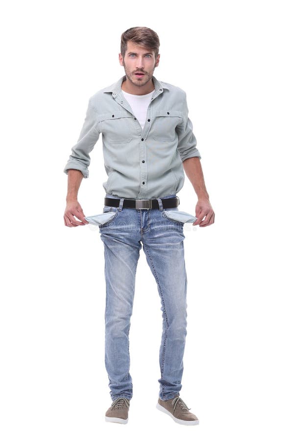 Oavkortad tillväxt Ung man som visar hans tomma fack arkivbild Oavkortad tillväxt Ung man som visar hans tomma fack arkivbild