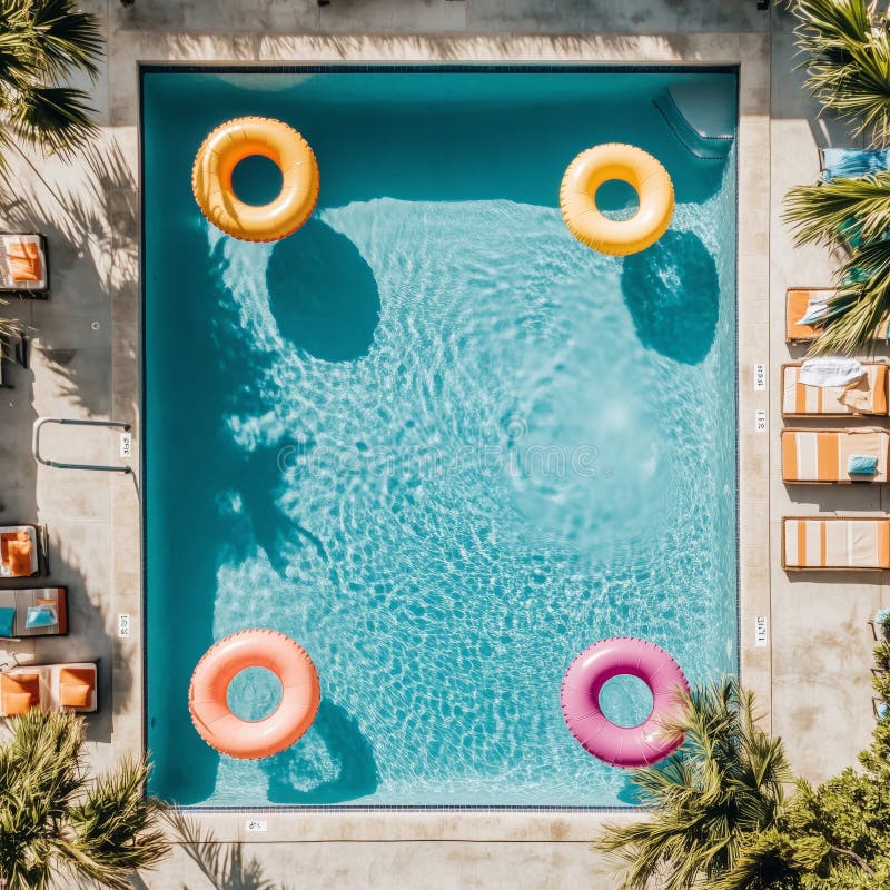 Oază vibrantă din piscină cu inele colorate gonflabile înconjurate de palmieri stock photography