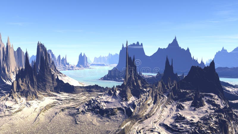 Obca planeta Góra i woda świadczenia 3 d ilustracja wektor Obca planeta Góra i woda świadczenia 3 d ilustracja wektor