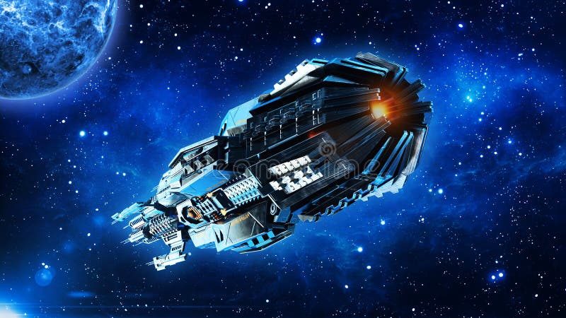 Obcy mothership, statek kosmiczny w lataniu w wszechświacie z planetą i gwiazdach głębokiej przestrzeni, UFO statku kosmicznego, royalty ilustracja Obcy mothership, statek kosmiczny w lataniu w wszechświacie z planetą i gwiazdach głębokiej przestrzeni, UFO statku kosmicznego, royalty ilustracja