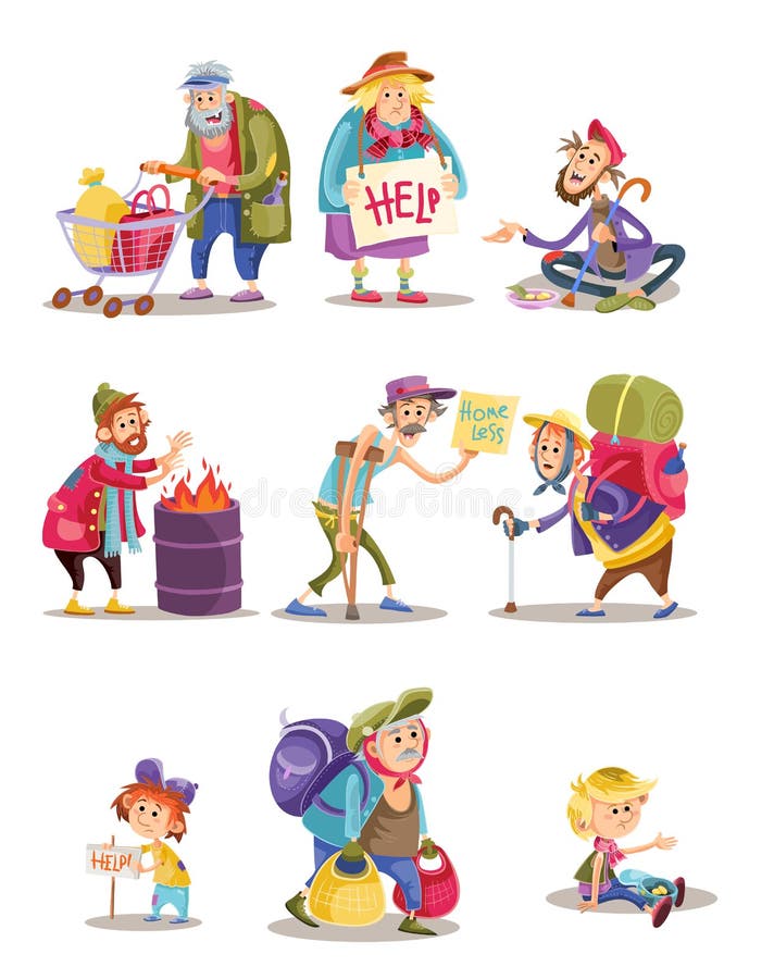 Obdachlos- und Bettlerleute vector Karikaturillustration der Frau, des Mannes und des Kindes, die um Geld und Lebensmittel bitten stock abbildung Obdachlos- und Bettlerleute vector Karikaturillustration der Frau, des Mannes und des Kindes, die um Geld und Lebensmittel bitten stock abbildung