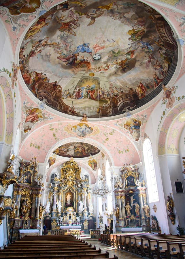 OBERAMMERGAU, GERMANY - MAY 05, 2016: Interior architecture and decorations of Saint Peter and Paul Catholic Parish church in Oberammergau, Germany, on May 05, 2016