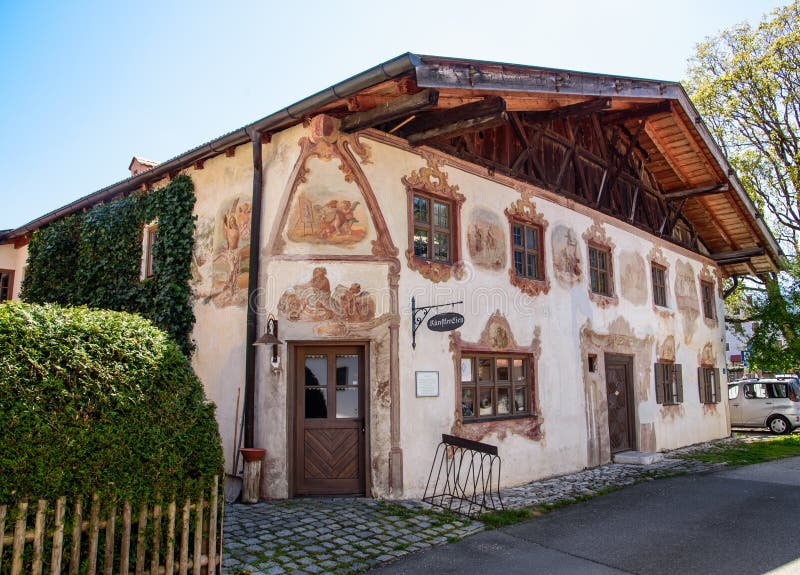 OBERAMMERGAU, GERMANY - MAY 05, 2016: Traditional painted houses of the small village home to the Passion Play every 10 years