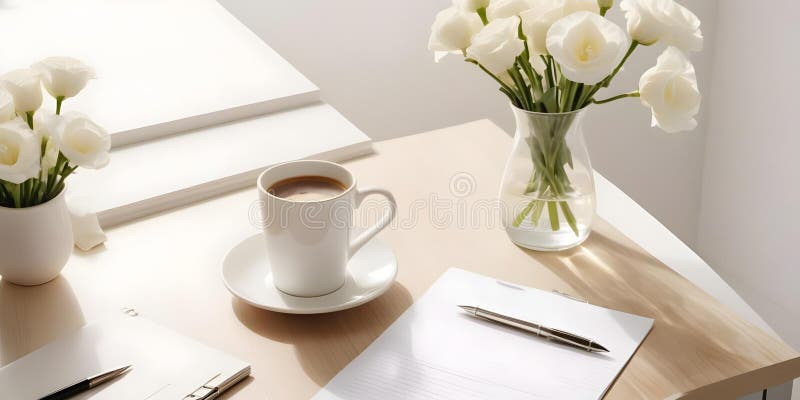 Obere Ansicht des Schreibtischtisches mit Tasse Kaffee eustoma Blumen silberne Stift Papier und Zwischenablage. ai generiert stock abbildung