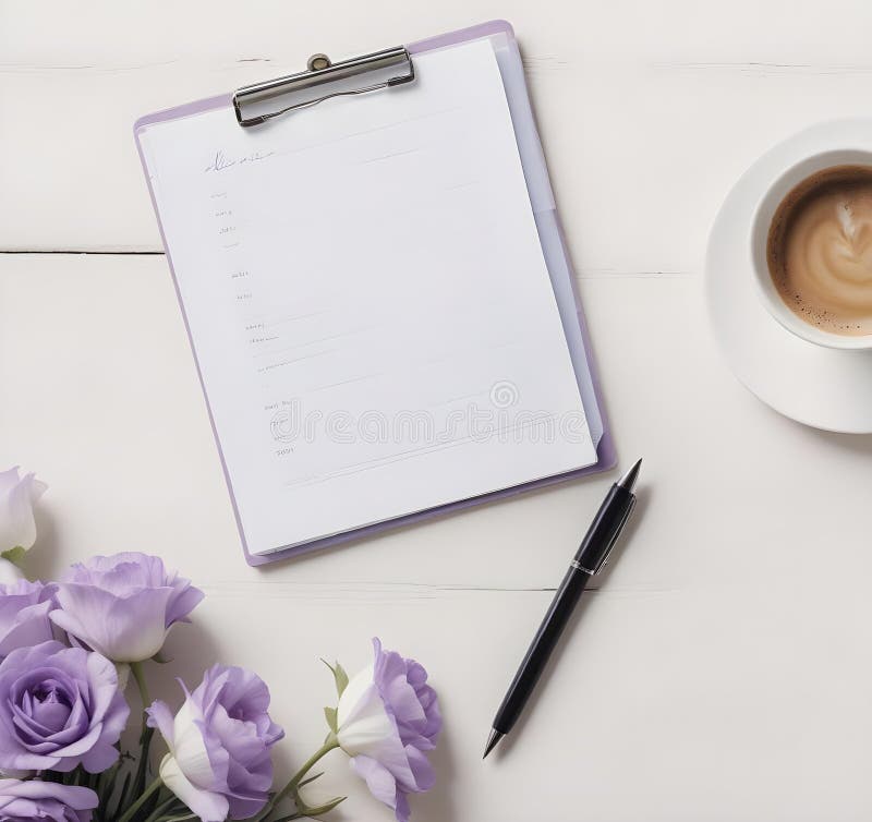 Obere Ansicht des Schreibtischtisches mit Tasse Kaffee eustoma Blumen silberne Stift Papier und Zwischenablage. ai generiert lizenzfreie abbildung