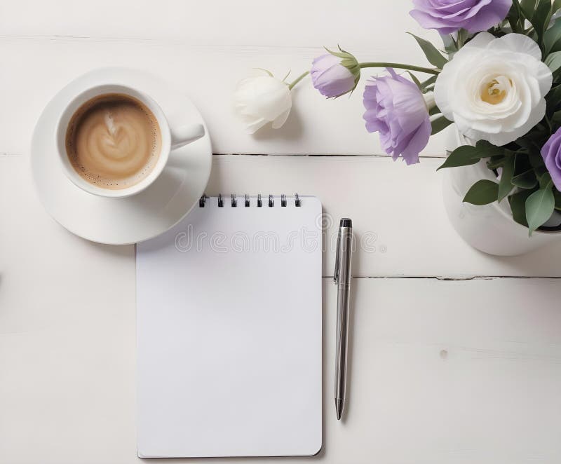 Obere Ansicht des Schreibtischtisches mit Tasse Kaffee eustoma Blumen silberne Stift Papier und Zwischenablage. ai generiert vektor abbildung