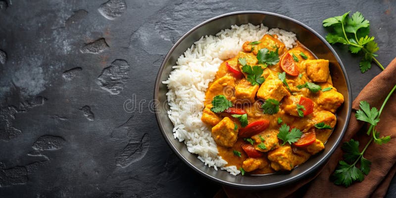 Obere Ansicht von Curry Hühnchen und Reis isoliert auf dunkelgrauem Hintergrund Tisch generativ durch ai stockbilder