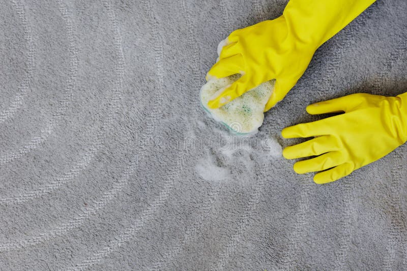Obere Sicht der Hände in gelben Gummihandschuhen, Teppichboden mit Schwamm und Schaum reinigen