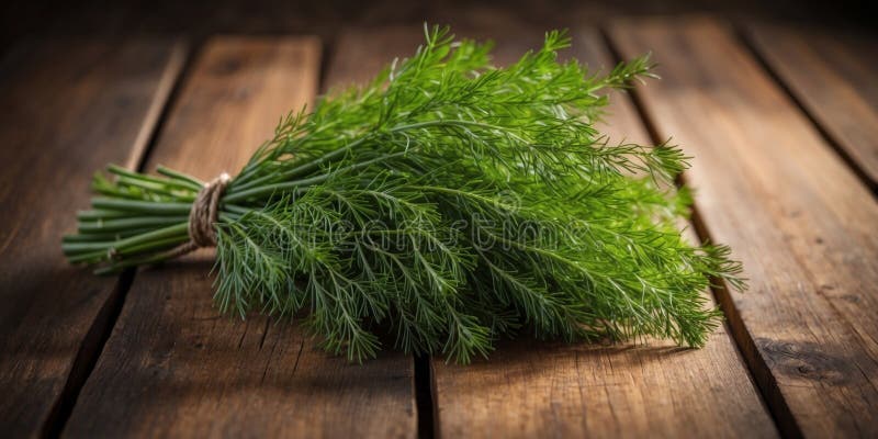 Oberste Ansicht eines Bündels von frischem Dill auf einer rustikalen Holzfläche, die ausreichend Platz für die Kopie eines Bildes stockfotos