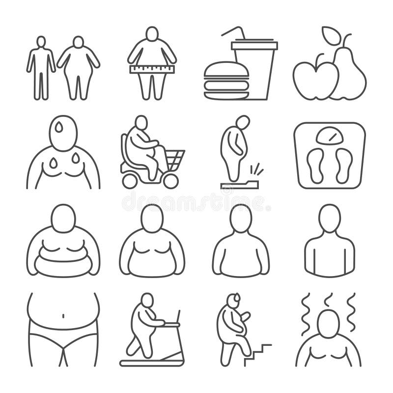 Obese classification, unhealthy overweight people and body appearance levels vector line icons royalty free illustration