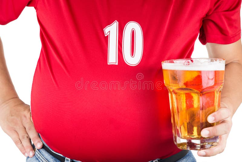 Obese Man with Big Belly Holding a Glass of Refreshing Cold Beer Stock