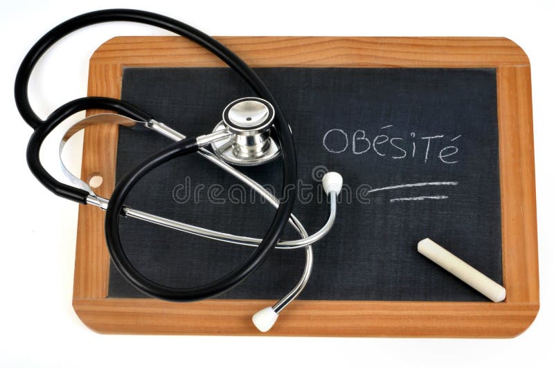 Obesidade escrita no francês em uma ardósia da escola ilustração do vetor Obesidade escrita no francês em uma ardósia da escola ilustração do vetor
