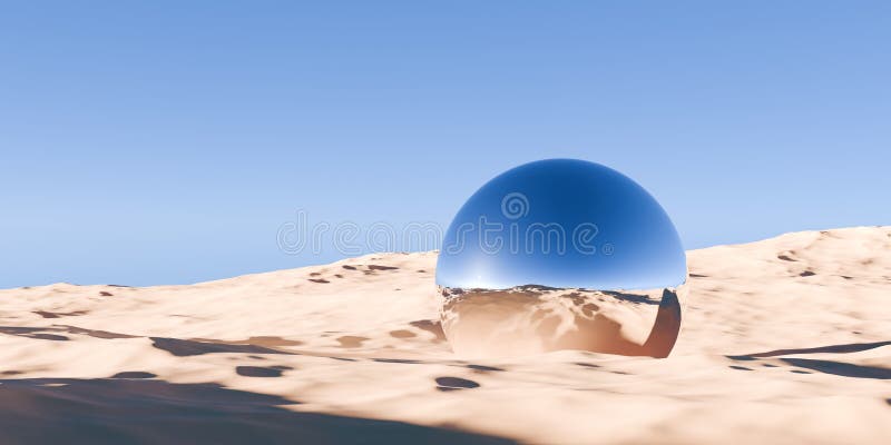 Obiekt chrome retro sphere lub ball w surrealistycznym abstrakcyjnym krajobrazie pustynnym z niebieskim tłem geometryczny prymityw ilustracja wektor