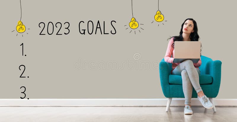Obiettivi del 2023 con donne che usano un portatile illustrazione di stock