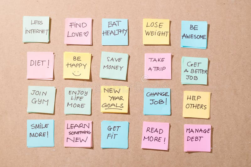 new year goals or resolutions - colorful sticky notes on a Notepad with coffee Cup. new year goals or resolutions - colorful sticky notes on a Notepad with coffee Cup.