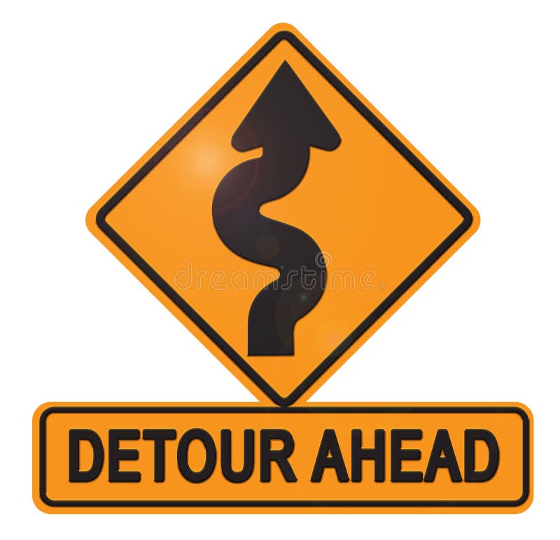 Detour Sign Detour Ahead with Curved Arrow Orange Construction Roadwork changes. Detour Sign Detour Ahead with Curved Arrow Orange Construction Roadwork changes