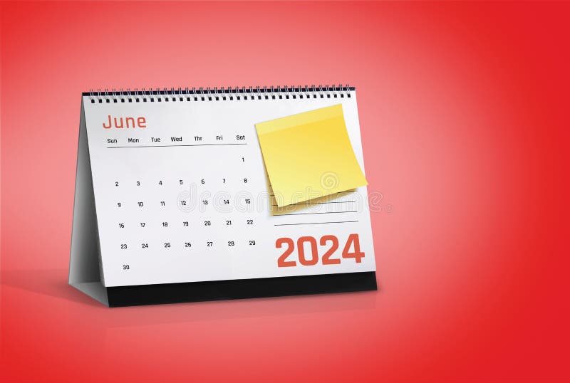 Object shot of Jun 2024 Pop-up Tent Desk Calendar with adhesive yellow empty post-it note pad for your personalized custom text, cutout on red background with copyspace. Object shot of Jun 2024 Pop-up Tent Desk Calendar with adhesive yellow empty post-it note pad for your personalized custom text, cutout on red background with copyspace.