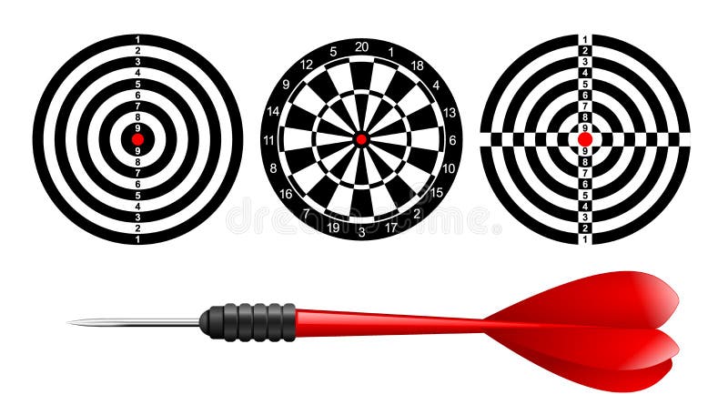 Classic dart board target set and darts red arrow isolated on white background. Vector Illustration. Black and white dartboard print template. Classic dart board target set and darts red arrow isolated on white background. Vector Illustration. Black and white dartboard print template