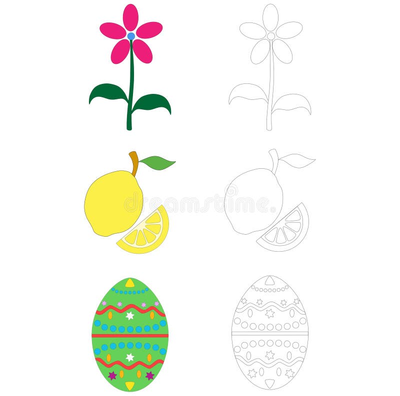 objects for coloring book pages  flower fruit and easter