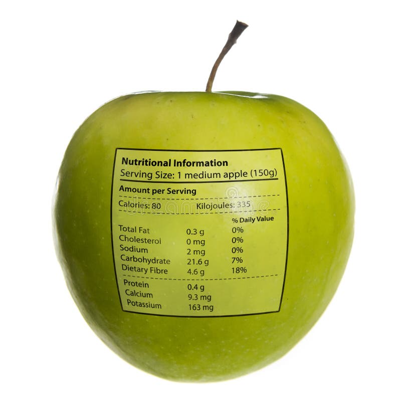 Apple with nutritional information stamped on it. (The values shown are an average of various sources - close to, but not the same as, any actual values). Apple with nutritional information stamped on it. (The values shown are an average of various sources - close to, but not the same as, any actual values).