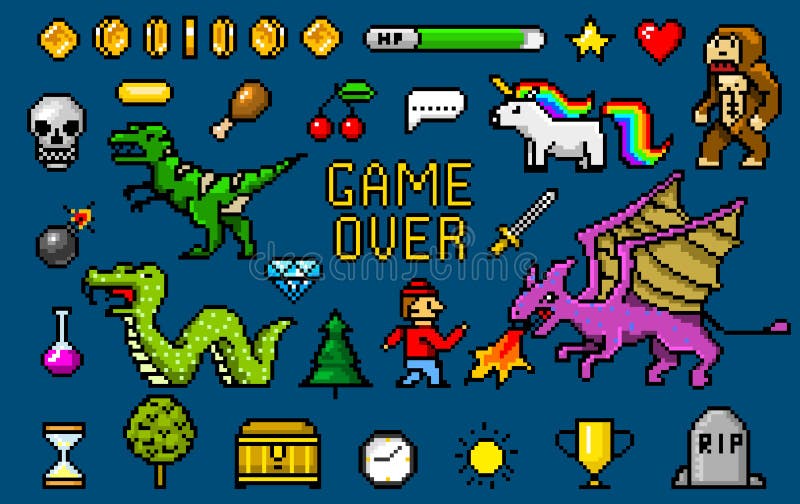 Dinossauro Do Pixel, Objetos Mordidos Da Arte 8 Ativos Retros Do Jogo Jogo  Dos ícones Arcadas Video Do Computador Do Vintage Ilus Ilustração do Vetor  - Ilustração de dinossauro, artwork: 136643058