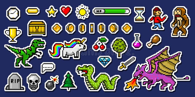 Pixel art bit objetos ativos de jogos digitais retrô conjunto de ícones