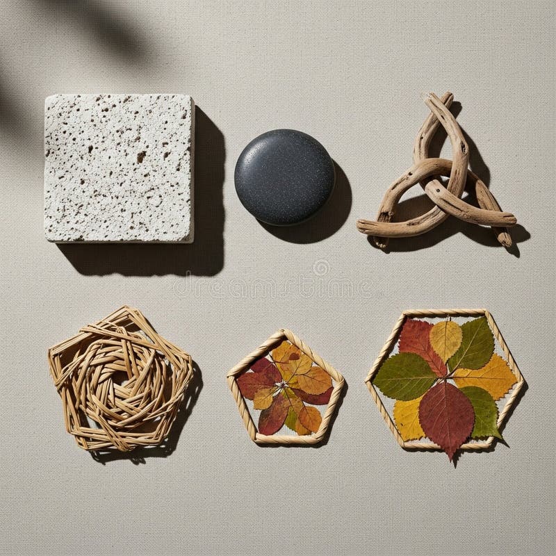 Objetos naturais sortidos dispostos esteticamente em ilustração royalty free
