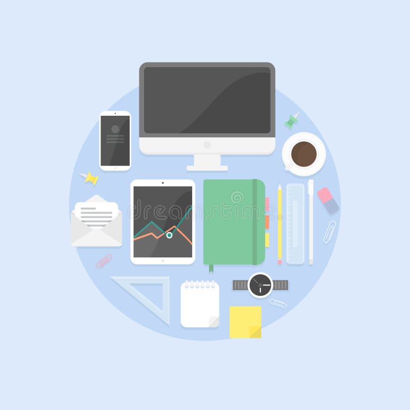 Objetos planos del diseño, lugar de trabajo productivo de la oficina ilustración del vector Objetos planos del diseño, lugar de trabajo productivo de la oficina ilustración del vector