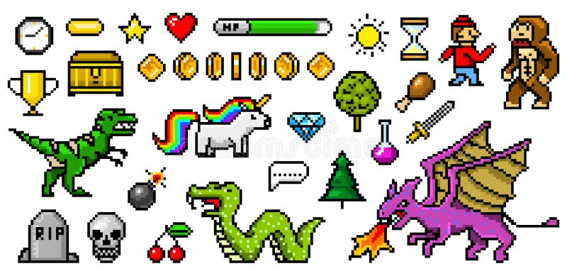 Objets mordus de l'art 8 de pixel Rétros capitaux de jeu Ensemble de graphismes arcades visuelles d'ordinateur de cru poney de di illustration libre de droits Objets mordus de l'art 8 de pixel Rétros capitaux de jeu Ensemble de graphismes arcades visuelles d'ordinateur de cru poney de di illustration libre de droits