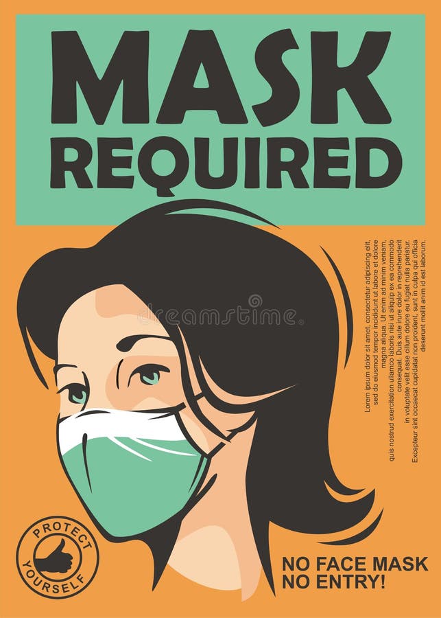 Mask required warning sign with young girl wearing face mask. Vector door sign illustration. Mask required warning sign with young girl wearing face mask. Vector door sign illustration.