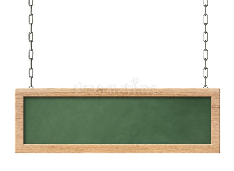 Oblong green blackboard with bright wooden frame hanging on chains