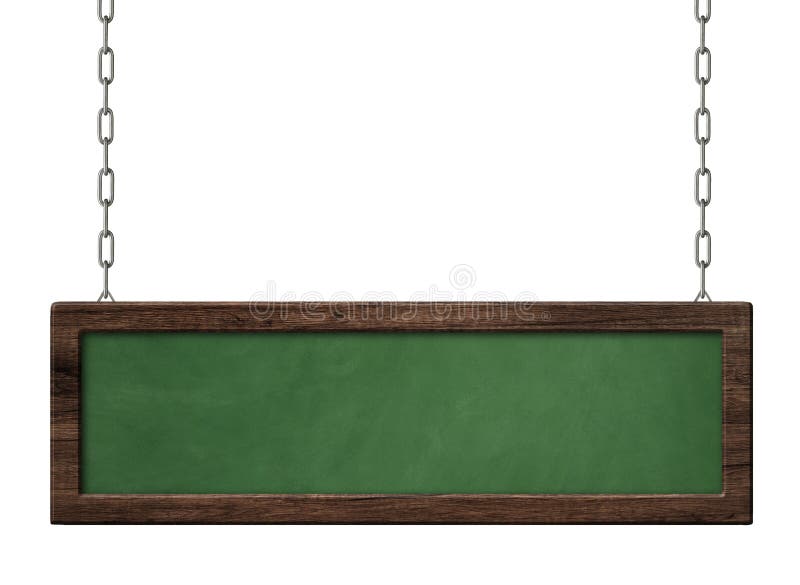 Oblong green blackboard with dark wooden frame hanging on chains