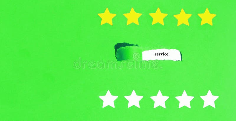 Oblong torn hole from right to left in green sheet of paper with shadow and paper curl. White resulting background with word SERVICE. Yellow and white stars. Review concept. Banner. Copy space