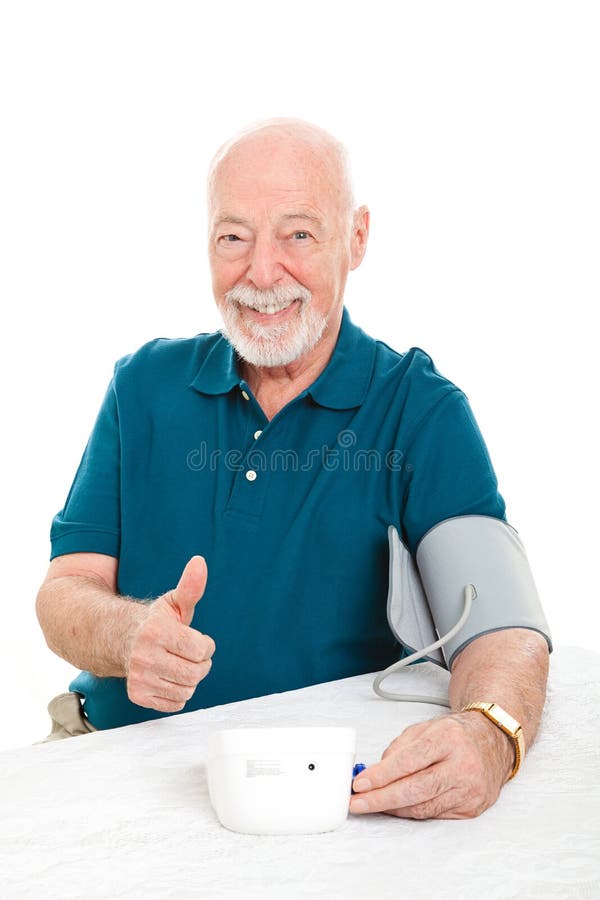 Senior man succeeds in lowering his blood pressure and gives a thumbs up sign. White background. Senior man succeeds in lowering his blood pressure and gives a thumbs up sign. White background.