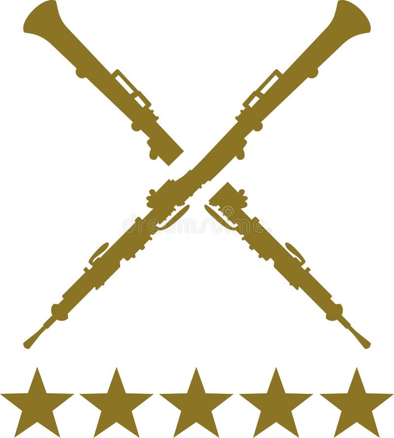 Oboe som korsas med fem guld- stjärnor royaltyfri illustrationer