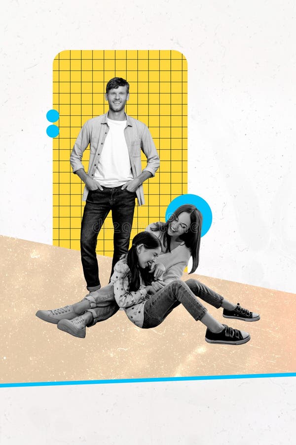 Obra de moda sketch creativo collage de fotos de la fiesta mamá feliz gratitud familia unión hombre padre hombre de pie mujer grac ilustración del vector