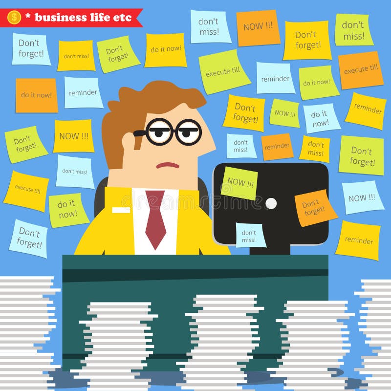 Obras en fase de creación duras, pilas del papeleo alrededor stock de ilustración Obras en fase de creación duras, pilas del papeleo alrededor stock de ilustración