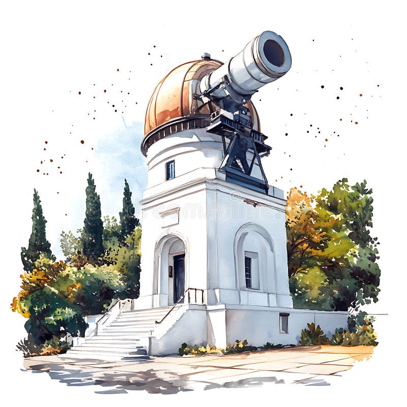 Obraz akwarelowy budynku Obserwatorium Historycznego z dużym teleskopem Szczegóły architektoniczne i okolice royalty ilustracja