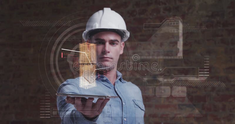 Obraz 3d interaktywnego modelu miasta obracającego się nad tabletem, który jest w posiadaniu męskiego architekta royalty ilustracja